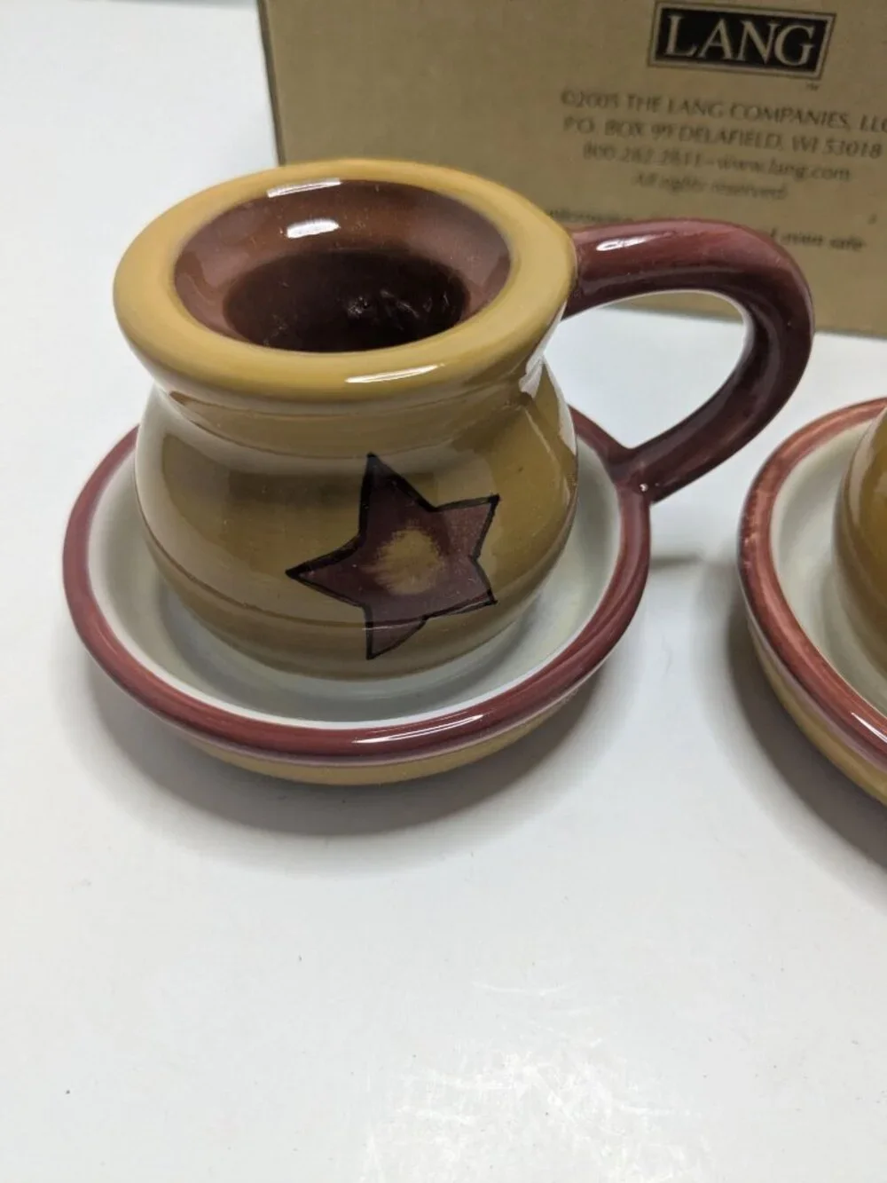 Lang Redware Primitive Star Candle Holders Rustic Stoneware Safe Set Of 2 2005